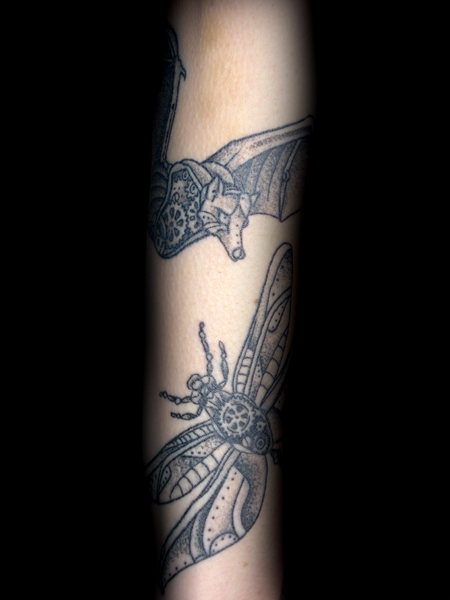 Tagged bat blackwork dotwork dragonfly steampunk tattoo
