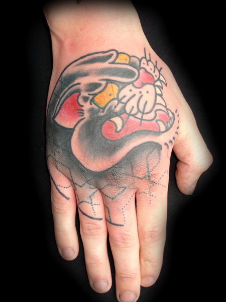 Tagged hand tattoo, panther head, tattoo